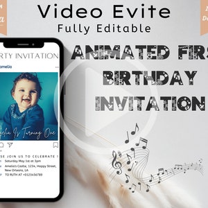Animated First Birthday Party Invitation Template, Electronic Video Birthday Party Invite, Canva Digital Template, Phone 1st Birthday Evite