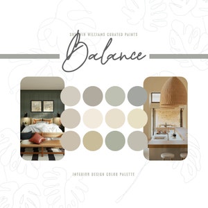May include: A colour palette featuring 12 shades of beige, grey, and green. The palette is labelled "Balance" and is curated by Sherwin Williams. The image also shows two interior design scenes, one of a bedroom and one of a kitchen.