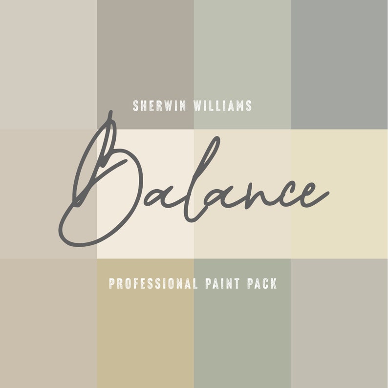 May include: A paint colour palette with four shades of beige, grey, and green. The palette is labelled "Sherwin Williams Balance Professional Paint Pack".