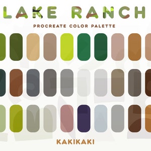 Puede incluir: Una paleta de colores digital para la aplicación Procreate, que presenta una variedad de tonos verdes, marrones, beige y grises. La paleta se titula "Lake Ranch" y "Kakikaki".