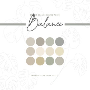 May include: A colour palette called "Balance" featuring 12 paint chips in shades of beige, brown, and green. The paint chips are arranged in a grid of three rows and four columns. The text "Sherwin Williams Curated Paints" and "Interior Design Colour Palette" are also included in the image.
