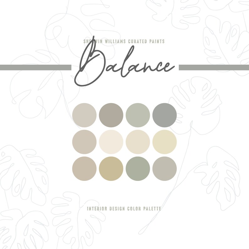 May include: A colour palette called "Balance" featuring 12 paint chips in shades of beige, brown, and green. The paint chips are arranged in a grid of three rows and four columns. The text "Sherwin Williams Curated Paints" and "Interior Design Colour Palette" are also included in the image.