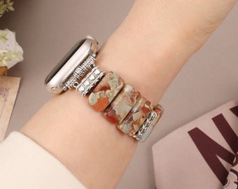 Boho Jasper Bracelet Apple Watch Bands 38mm 40mm 41mm 42mm 44mm 45mm 49mm ,Handmade Ethnic Elastic Stretch Beaded Strap for iWatch Bands