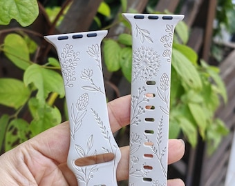 Floral Engraved Band for Apple Watch Bands 38/40/41/42/44/45/49mm Women, Silicone Dandelion Flower Bracelet for iWatch Series SE/9/8/7/6/5/4