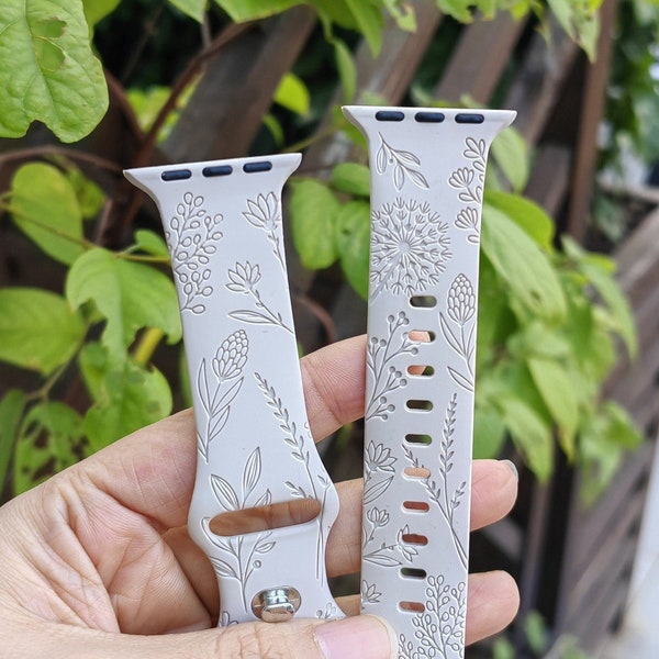 Floral graviertes Band für Apple Watch Bands 38/40/41/42/44/45/49mm Frauen, Silikon Löwenzahn Blumen Armband für iWatch Series SE/9/8/7/6/5/4