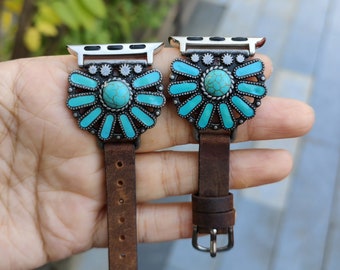 Western Apple Watch Leather Band 38mm 40mm 41mm 42mm 44mm 45mm 49mm Turquoise Boho Ethnic Antique Jewelry Bracelet for iWatch Series 9-1SE