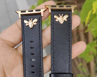 Leather Apple Watch Band Charms Decor 49mm 45mm 44mm 42mm 41mm 40mm 38mm Women, Feminine Bee Metal Diamonds for iWatch Series 9 8 SE 7 6 5-1