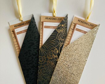Estuche marcapáginas para registro de lectura: Rastreador de libros, estampado de guepardo, floral, con purpurina.