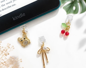 Kindle Charm Plug | Crab, Gold Bow, Cherries | E-Reader Dust Cover Accessory| Bookish iPhone Accessory
