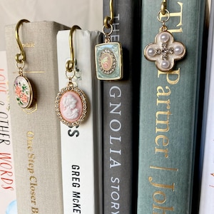 Handmade Rustic Metal Bookmark with Floral, Opal, Pearl, Cameo Charms