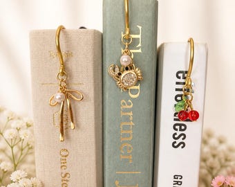 Gold Metal Hook Bookmark| Crab, Bow, Cherries| Book Lover Gift| Charm Bookmark