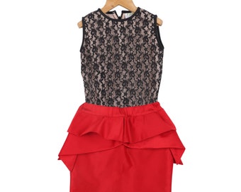 Black net top red peplum skirt