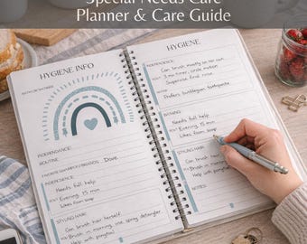 May include: Open planner with the text "Special Needs Care Planner & Care Guide." The planner is open to a page with "Hygiene Info" and "Hygiene" sections. A hand is holding a pen, writing notes. The page has a blue and teal rainbow graphic.