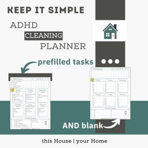 May include: A white ADHD cleaning planner with prefilled tasks and blank sections. The text "KEEP IT SIMPLE" and "CLEANING PLANNER" are at the top. The planner includes daily and monthly cleaning checklists.
