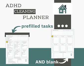 May include: A white ADHD cleaning planner with prefilled tasks and blank sections. The text "KEEP IT SIMPLE" and "CLEANING PLANNER" are at the top. The planner includes daily and monthly cleaning checklists.