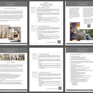 May include: A six-page digital home maintenance guide featuring chapters on seasonal tasks, preparation, and checklists. The document includes text headers, instructional paragraphs, small photographic inserts of home interiors, and QR codes for printable worksheets.