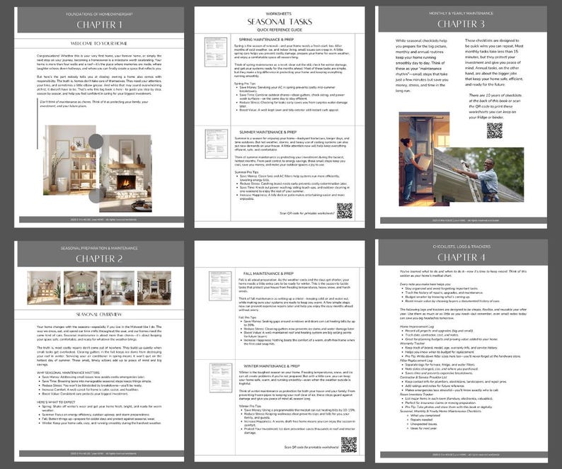 May include: A six-page digital home maintenance guide featuring chapters on seasonal tasks, preparation, and checklists. The document includes text headers, instructional paragraphs, small photographic inserts of home interiors, and QR codes for printable worksheets.