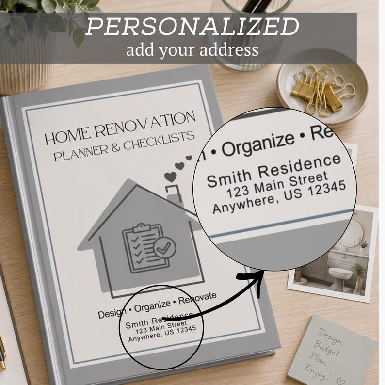 May include: A gray home renovation planner and checklist book with the text "HOME RENOVATION PLANNER & CHECKLISTS". The book has a house graphic and the text "PERSONALIZED add your address". The address "Smith Residence 123 Main Street Anywhere, US 12345" is also visible.