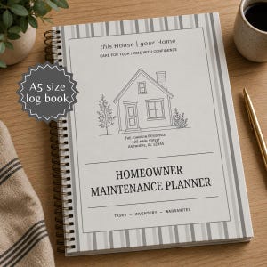 Puede incluir: Un cuaderno de bitácora encuadernado en espiral de tamaño A5 titulado "Homeowner Maintenance Planner". La portada presenta una ilustración de una casa y el texto "this House | your Home". Incluye espacio para tareas, inventario y garantías.