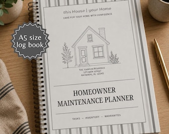 May include: An A5 size spiral-bound homeowner maintenance planner with a white cover featuring gray vertical stripes. The cover displays a line drawing of a house, the text this House | your Home, and the title HOMEOWNER MAINTENANCE PLANNER.
