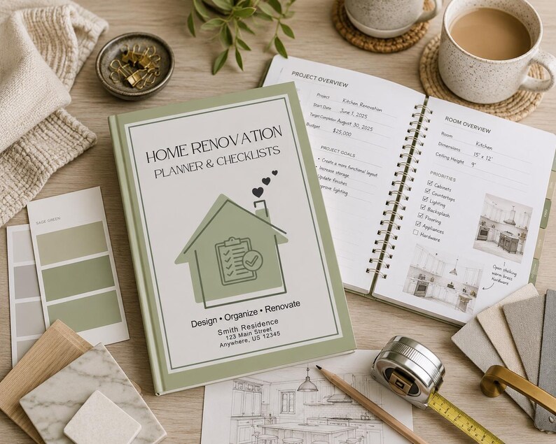 May include: A home renovation planner and checklist book with a green cover, open to show interior pages. The book is surrounded by design elements like paint swatches, a measuring tape, and a pencil. A cup of coffee and a notebook are also visible.