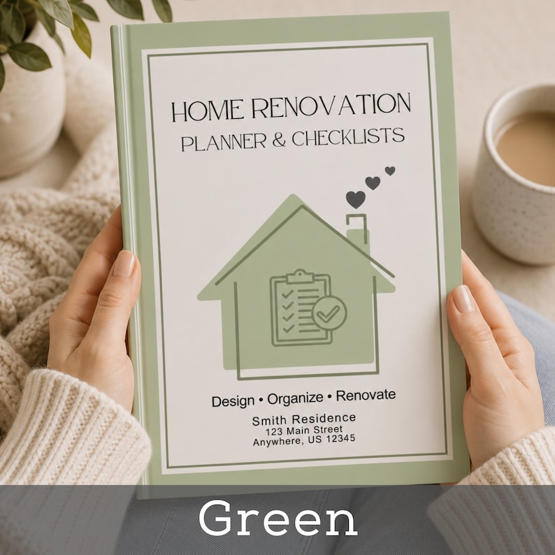 May include: A green home renovation planner and checklist book. The cover features a house graphic with a checklist and checkmark, and the text "HOME RENOVATION PLANNER & CHECKLISTS". The book also includes the text "Design &bull; Organize &bull; Renovate".