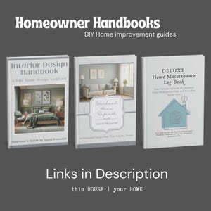 May include: Three home improvement books titled "Interior Design Handbook", "Weekend Home Refresh", and "Deluxe Home Maintenance Log Book". The books have images of interior design and home maintenance tips. The text "Homeowner Handbooks" is at the top.
