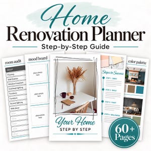 May include: A Home Renovation Planner step-by-step guide featuring 60+ pages. The document includes sections for a room audit, mood board, and color palette, with a central image of a desk, a vase of dried grass, and a notebook.