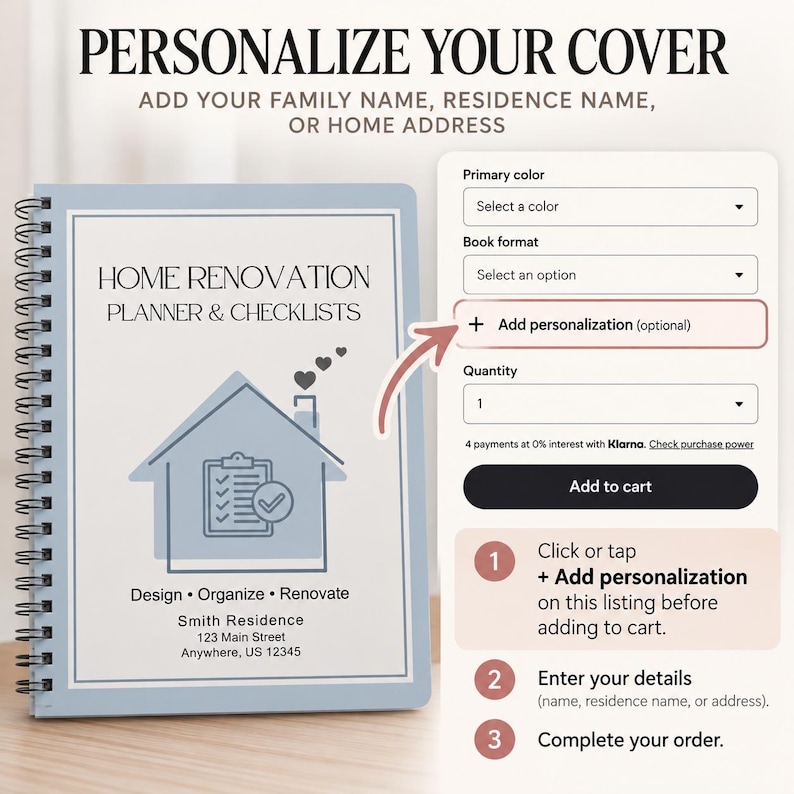 Home Renovation Planner Book Remodel Project Organizer for Homeowner DIY Design Planning Workbook Printed Personalized Improvement Checklist image 4