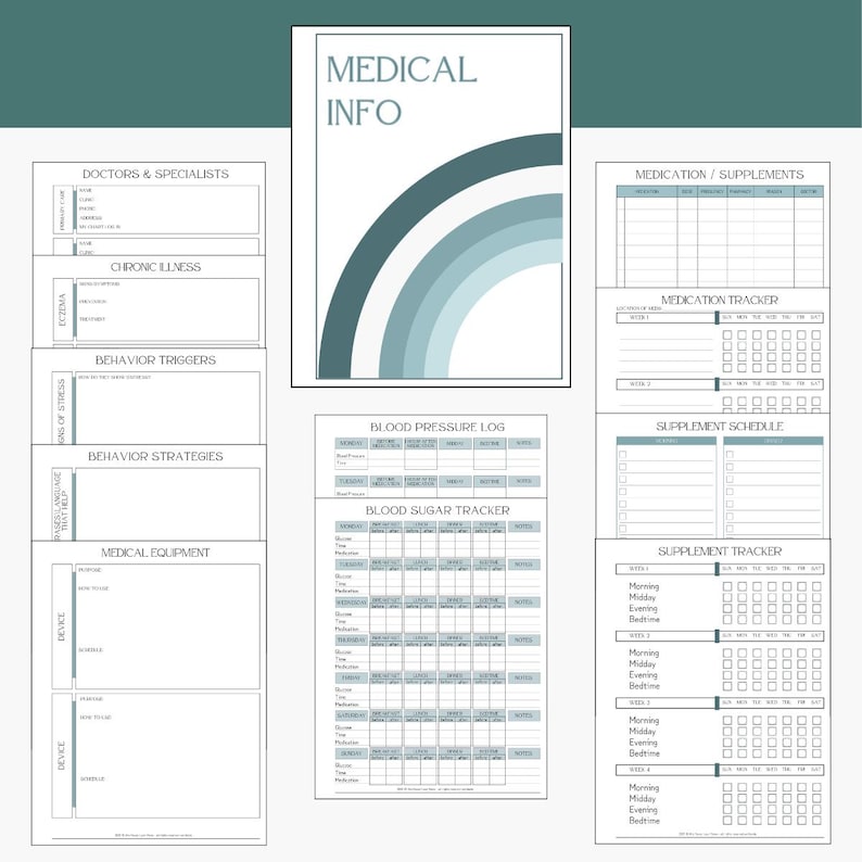 May include: A collection of medical information sheets with a teal and white color scheme. The sheets include sections for doctors, chronic illness, behavior triggers, and medication tracking. The text "MEDICAL INFO" is at the top.