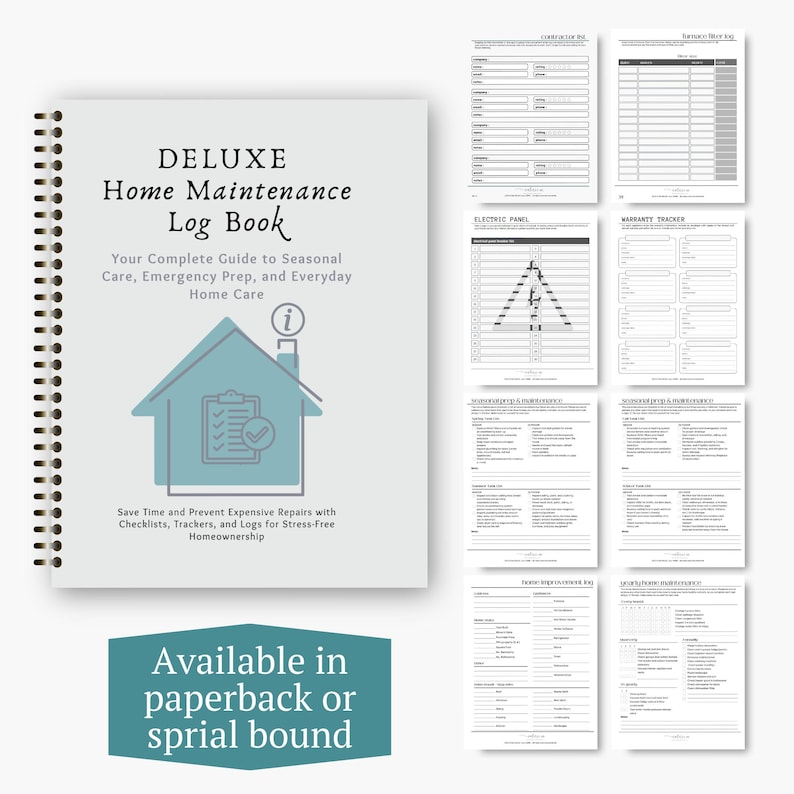 May include: A spiral-bound Deluxe Home Maintenance Log Book with a light gray cover featuring a teal house icon, text, and a list of interior pages including contractor lists, furnace logs, electric panel diagrams, and various home maintenance trackers.