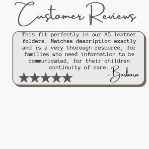 May include: A customer review graphic with the words "Customer Reviews" in a script font. The review is in a rectangular box with five stars and the name "Barbara". The review states the product fits perfectly.