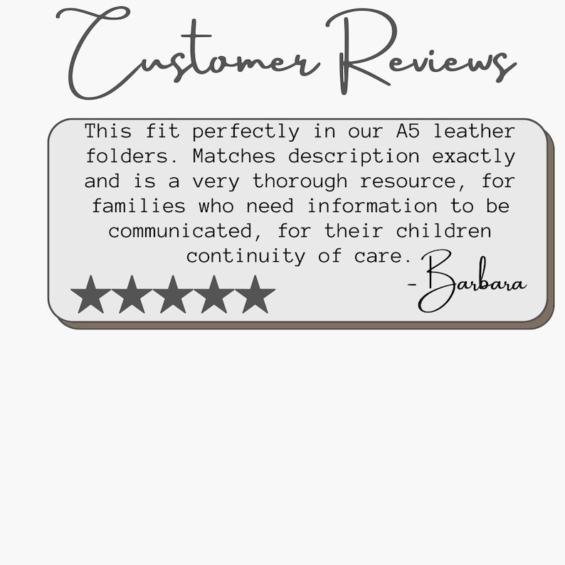 May include: A customer review graphic with the words "Customer Reviews" in a script font. The review is in a rectangular box with five stars and the name "Barbara". The review states the product fits perfectly.