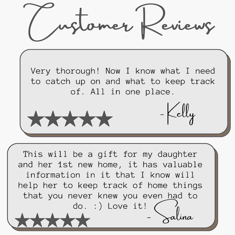 May include: A graphic display titled Customer Reviews featuring two light gray rectangular text boxes with rounded corners. Each box contains a five-star rating and a customer testimonial. The first is from Kelly, the second is from Salina.