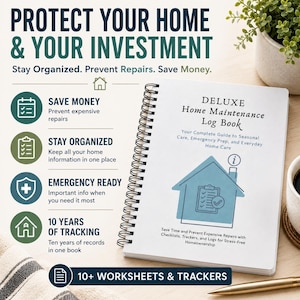 May include: A spiral-bound Deluxe Home Maintenance Log Book with a white cover featuring a blue house icon and text. The book includes sections for seasonal care, emergency prep, and everyday home care, offering 10 years of tracking and 10+ worksheets.