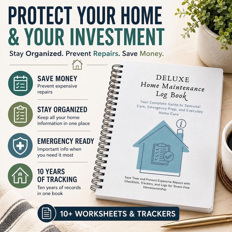 May include: A spiral-bound Deluxe Home Maintenance Log Book with a white cover featuring a blue house icon and text. The book includes sections for seasonal care, emergency prep, and everyday home care, offering 10 years of tracking and 10+ worksheets.