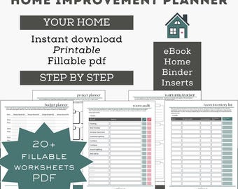 May include: A home improvement planner with the text "HOME IMPROVEMENT PLANNER" at the top. The planner includes fillable worksheets, an eBook, and binder inserts. The words "YOUR HOME" and "STEP BY STEP" are also visible.