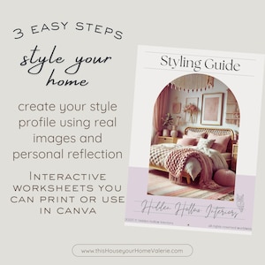 May include: A pink and white bedroom interior design guide with the title "Styling Guide" and the text "Hidden Hollow Interiors" with a small owl graphic. The guide includes a photo of a bedroom with a wicker bed frame, pink bedding, and a pink knitted throw blanket.