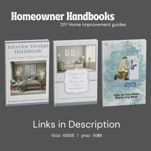 May include: Three hardcover books titled Homeowner Handbooks. The first is Interior Design Handbook, the second is Weekend Home Refresh by Valerie Muszynski, and the third is a blue-toned repair log book with a cartoon illustration of a plumber.