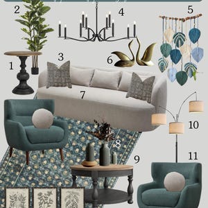 Leaves Wall Art, Boho Room Decor, Botanical Wall Art Green Interior Design Style Shoppable Mood Board Living Room Makeover Full Room Design