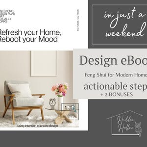 Può includere: Immagine di un piano di interior design con il testo "Refresh your Home, Reboot your Mood". L'immagine include anche una sedia moderna, un tavolino e un vaso di fiori. È visibile anche il testo "Design eBook".