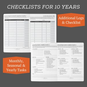 May include: A home maintenance planner featuring two open pages with printed grids and checklists. The text includes "CHECKLISTS FOR 10 YEARS," "home improvement expense tracker," "room inventory list," "yearly home maintenance," and "monthly home maintenance."