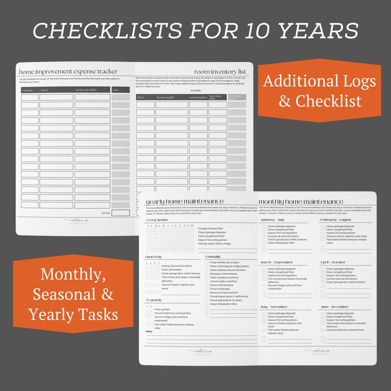 May include: A home maintenance planner featuring two open pages with printed grids and checklists. The text includes "CHECKLISTS FOR 10 YEARS," "home improvement expense tracker," "room inventory list," "yearly home maintenance," and "monthly home maintenance."
