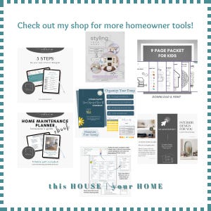 Puede incluir: Una colecci&oacute;n de imprimibles digitales para la organizaci&oacute;n del hogar y el dise&ntilde;o de interiores. Incluye cuadernos de trabajo, planificadores y gu&iacute;as con t&iacute;tulos como "5 STEPS", "Home Maintenance Planner" y "Organize Your Pantry". El texto "this HOUSE | your HOME" tambi&eacute;n es visible.