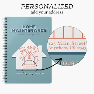 May include: A spiral-bound home maintenance checklist notebook with a blue cover. The cover features a white house icon containing a paintbrush, wrench, and hammer, with the text 123 Main Street, Anywhere, US 12345. A circular inset highlights the address.