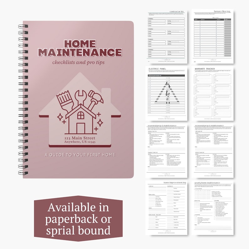 May include: A spiral-bound home maintenance planner with a dusty rose cover featuring the text HOME MAINTENANCE checklists and pro tips, a house icon with tools, and A GUIDE TO YOUR FIRST HOME. Includes interior pages for tracking home repairs.