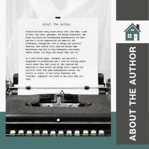 May include: A black vintage typewriter holding a white sheet of paper with the printed text About the Author, followed by a biographical paragraph about Valerie, a real estate agent and designer. A sidebar features a house icon and the text ABOUT THE AUTHOR.