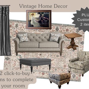 May include: A vintage living room design featuring a gray sofa, a patterned rug, a gray ottoman, a brown end table, a patterned armchair, and a patterned ottoman. The text "Vintage Home Decor" and "PLUS Customize 2 items" is visible in the image. The text "12 click-to-buy items to complete your room" is also visible in the image.