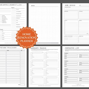 May include: A home renovation planner with various pages for tracking expenses, repairs, and contractor information. The planner includes a Home Improvement Log, Expense Tracker, and Contractor List. The planner has an orange starburst design with the words "Home Renovation Planner".