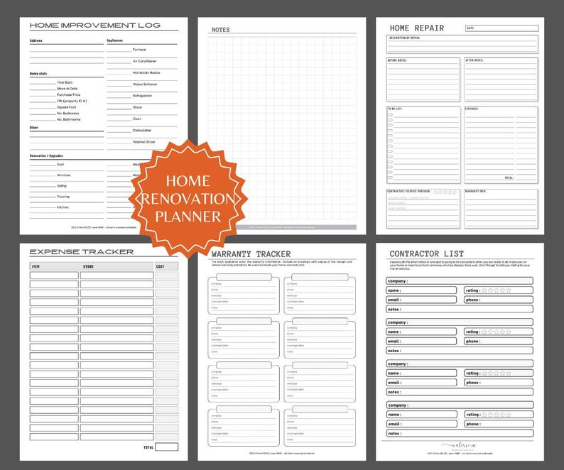 May include: A home renovation planner with various pages for tracking expenses, repairs, and contractor information. The planner includes a Home Improvement Log, Expense Tracker, and Contractor List. The planner has an orange starburst design with the words "Home Renovation Planner".